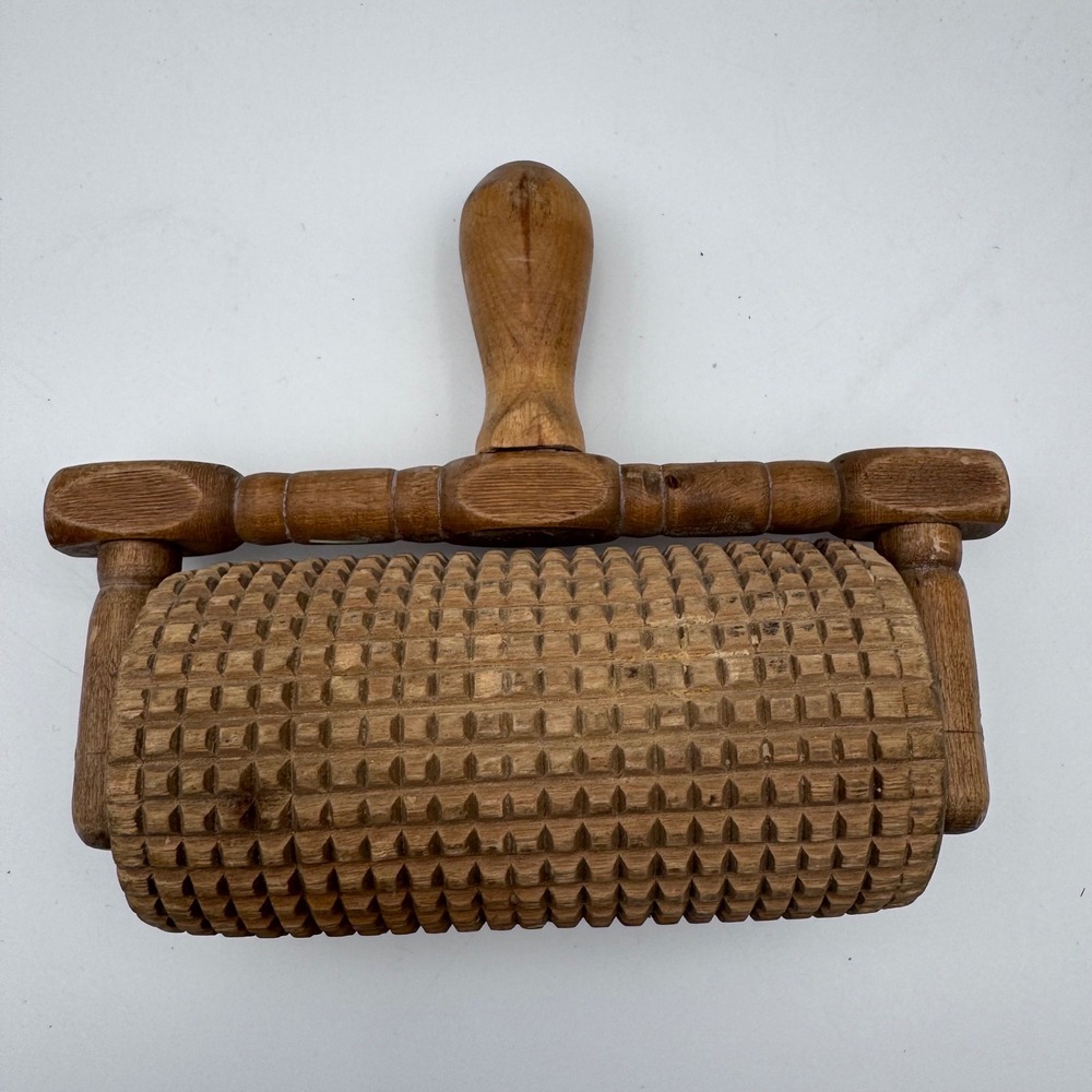 Vintage Wooden Muscle Roller Massager T-Handle Deep Tissue Tool Textured Wood